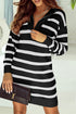 Striped O-Ring Zip Front Collared Drop Shoulder Long Sleeve Sweater Dress